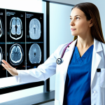 A professional female doctor, fully clothed in a modest white lab coat over medical scrubs, standing confidently in a brightly lit, modern hospital diagnostic lab. She is interacting with a futuristic, transparent medical display that shows complex medical data (e.g., a brain scan) with clear, AI-generated explanations and highlighted areas. Her expression conveys understanding and trust in the transparent AI system. Professional photography, high resolution, realistic, perfect anatomy, correct proportions, natural pose, well-formed hands, proper finger count, natural body proportions, professional dress, appropriate attire, safe for work, appropriate content, family-friendly.