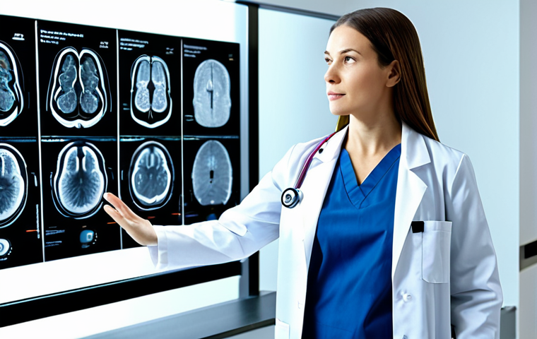 A professional female doctor, fully clothed in a modest white lab coat over medical scrubs, standing confidently in a brightly lit, modern hospital diagnostic lab. She is interacting with a futuristic, transparent medical display that shows complex medical data (e.g., a brain scan) with clear, AI-generated explanations and highlighted areas. Her expression conveys understanding and trust in the transparent AI system. Professional photography, high resolution, realistic, perfect anatomy, correct proportions, natural pose, well-formed hands, proper finger count, natural body proportions, professional dress, appropriate attire, safe for work, appropriate content, family-friendly.