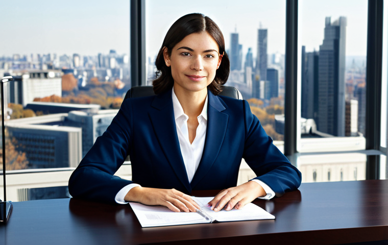 **
A professional businesswoman wearing a modest, dark blue business suit, sitting at a large, polished desk in a modern, sunlit office overlooking a cityscape. Fully clothed, appropriate attire, safe for work. Perfect anatomy, correct proportions, natural pose, well-formed hands, proper finger count, natural body proportions. Professional corporate photography, high quality, sharp focus.
**