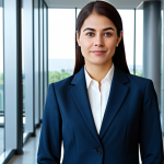 **

"A professional businesswoman in a modest business suit, standing confidently in a modern office building lobby, fully clothed, appropriate attire, safe for work, perfect anatomy, natural proportions, professional photography, high quality, family-friendly."

**