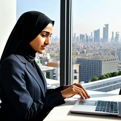 Home 19 **
"A professional Arab businesswoman in a modest, tailored suit, working on a laptop in a modern, sunlit office overlooking a cityscape. Fully clothed, appropriate attire, safe for work, perfect anatomy, natural proportions, professional, high quality, family-friendly, well-formed hands, proper finger count."
**