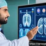 설명 가능한 AI의 적용 분야 - A modern medical diagnostic AI interface displaying an Arabic-language report on a high-resolution s...