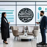설명 가능한 AI 기술의 발전 현황 - A modern corporate office setting in a Middle Eastern city, featuring diverse Arab professionals eng...